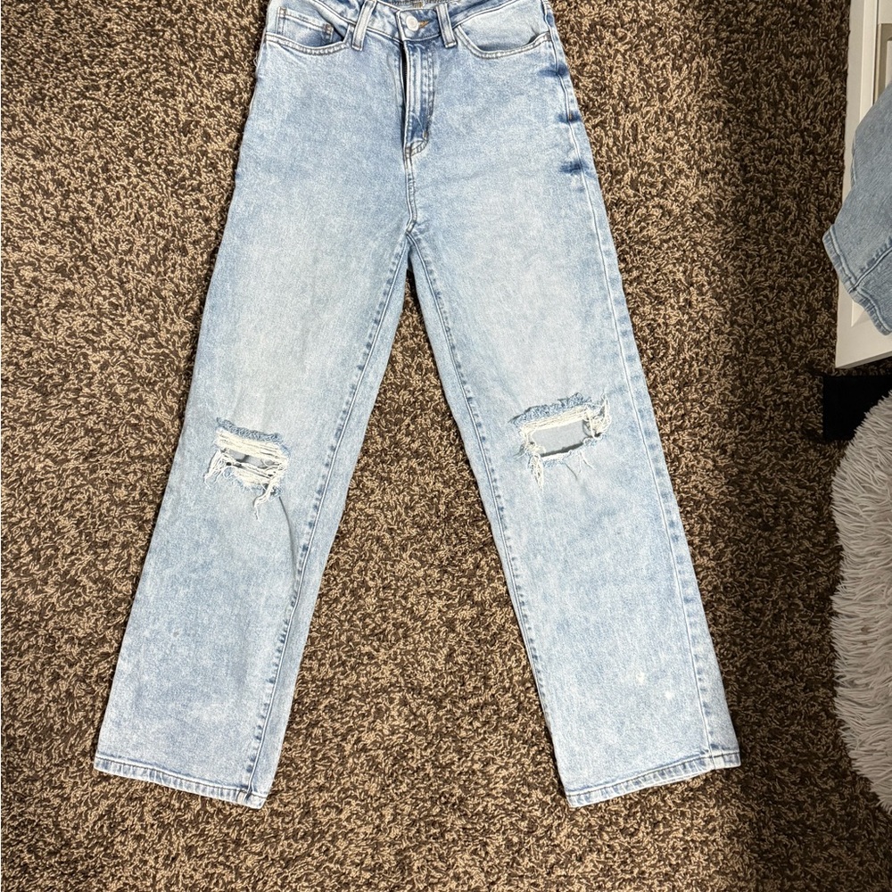 SO Blue Straight Leg Jeans with Distressed Details